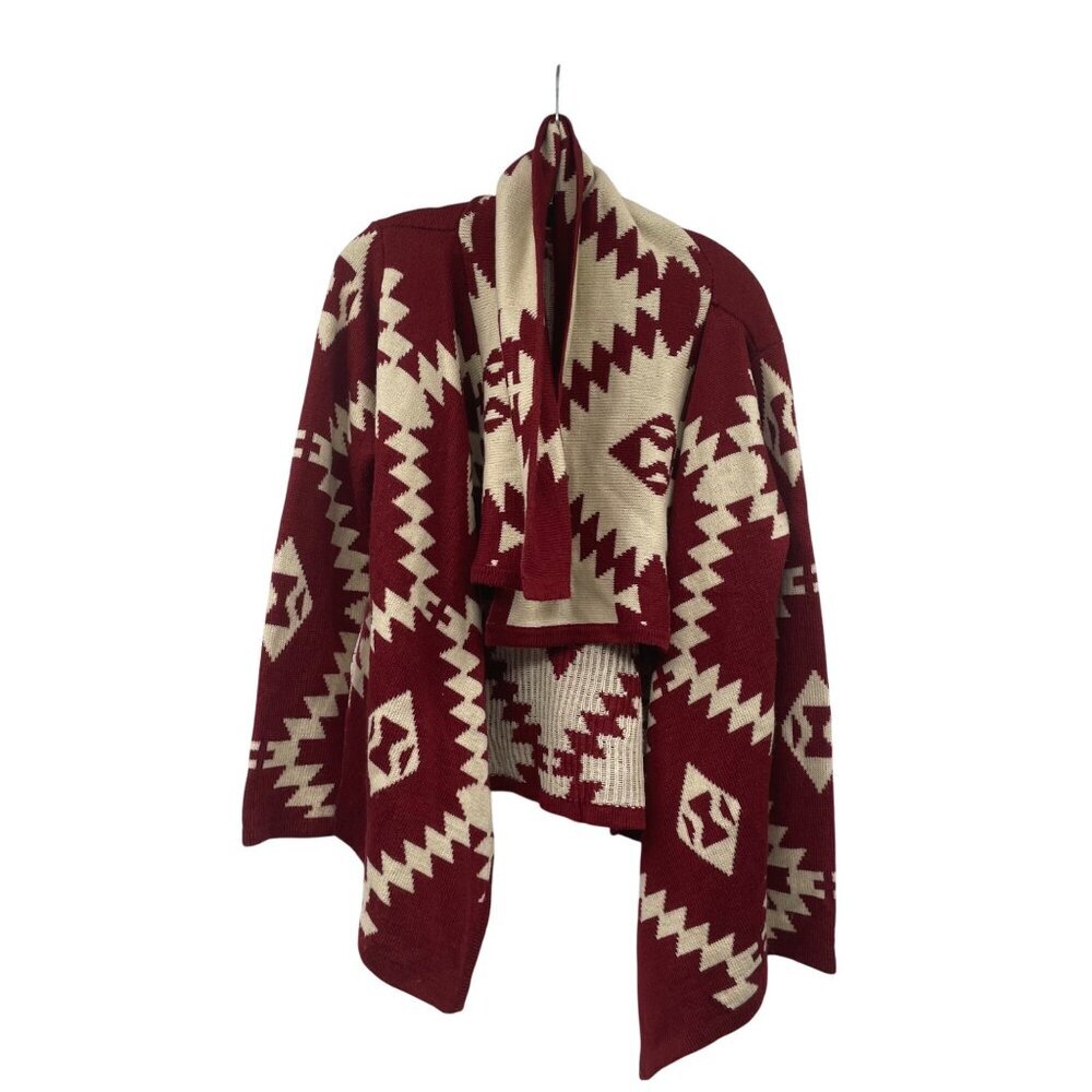 Moon Collection Aztec Knit Cardigan Open Front Collared Maroon/Cream Medium